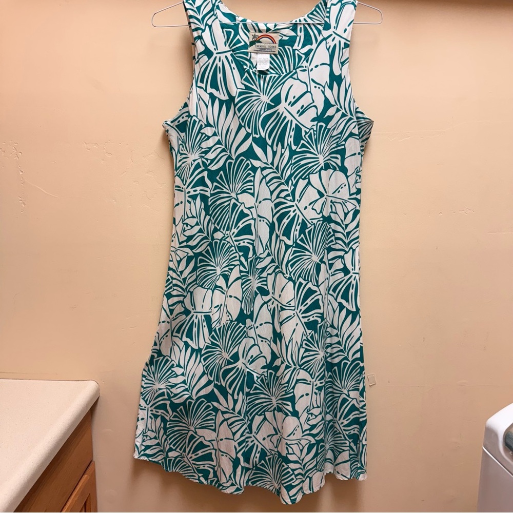 VTG Paradise Found Honolulu Hawaii Green White Leaf Print Sheath Dress Size XL